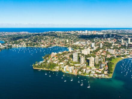 Aerial view Double bay Sydney Australia. View on Sydney harbourside suburbs from above. Aerial view on Sydney harbourside Rushcutters bay Double bay Darling point Point piper Darling point wharf Blackburn cove