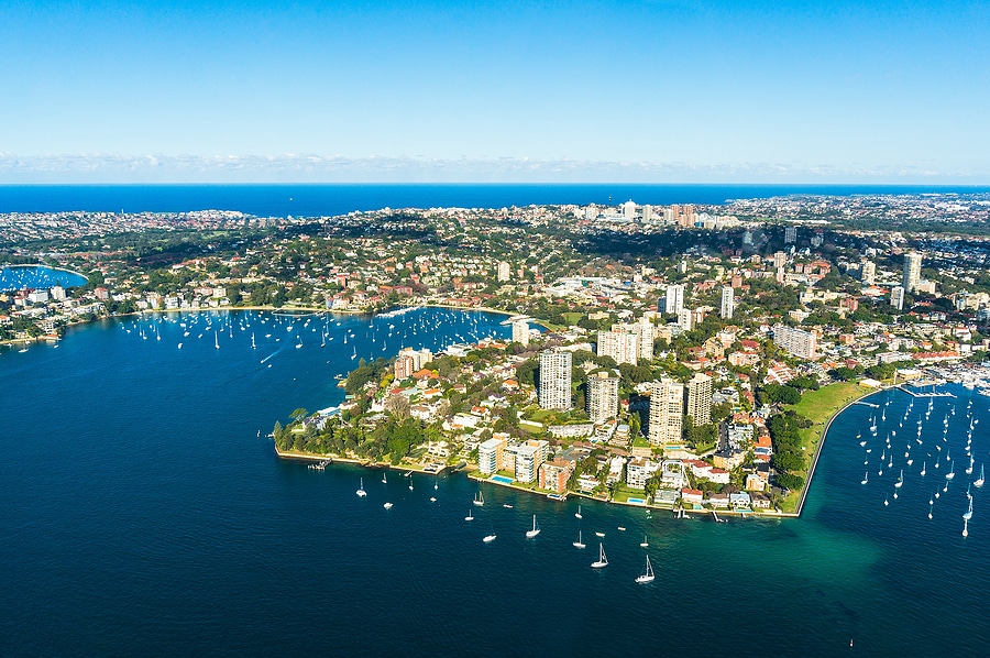 Aerial view Double bay Sydney Australia. View on Sydney harbourside suburbs from above. Aerial view on Sydney harbourside Rushcutters bay Double bay Darling point Point piper Darling point wharf Blackburn cove