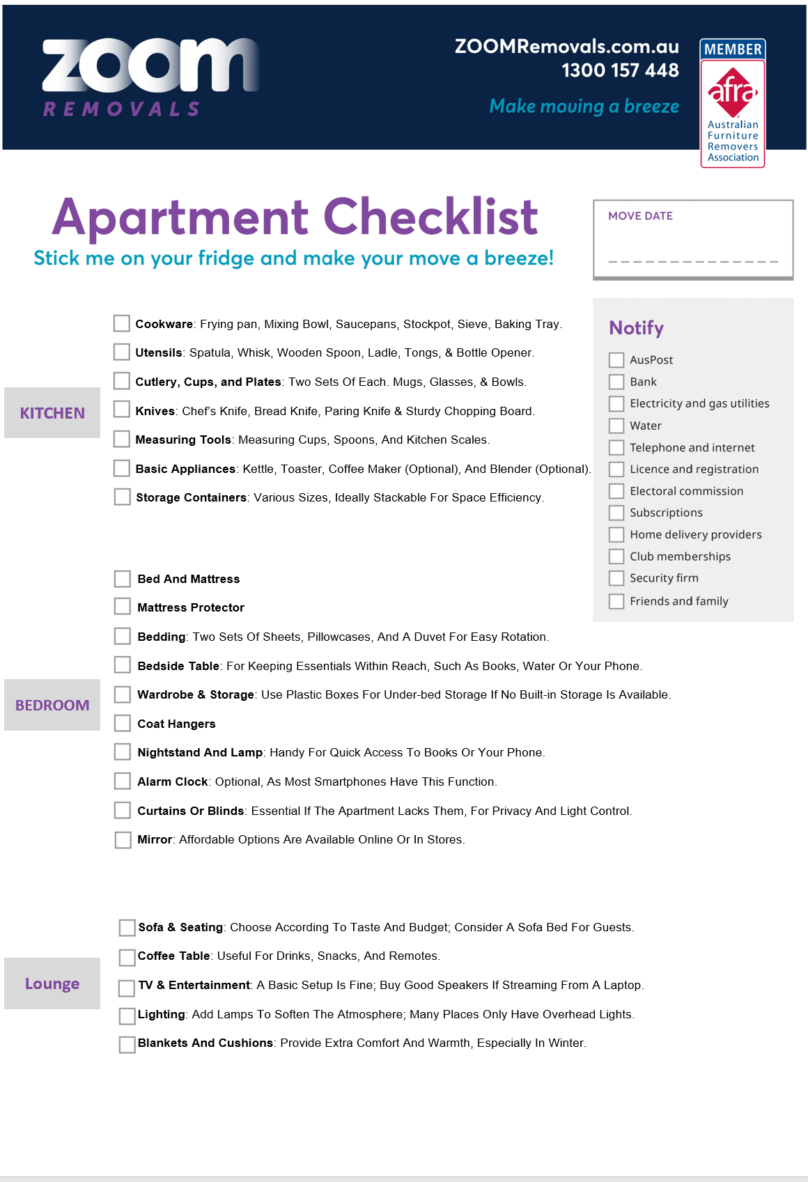 First Apartment Essentials Checklist ZOOM Removals
