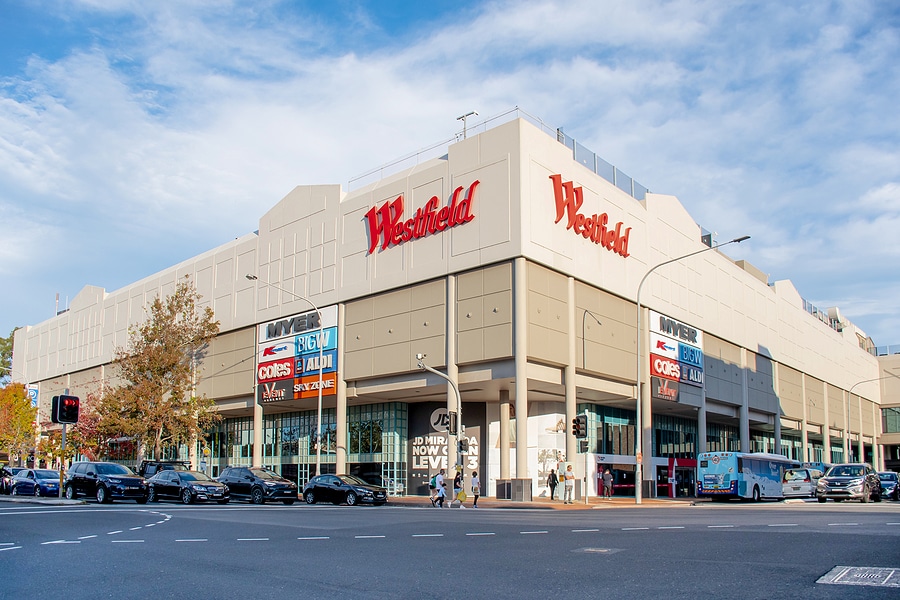 2021-05-02 Sydney, Australia Westfield Miranda shopping centre exterior view with logo sign.