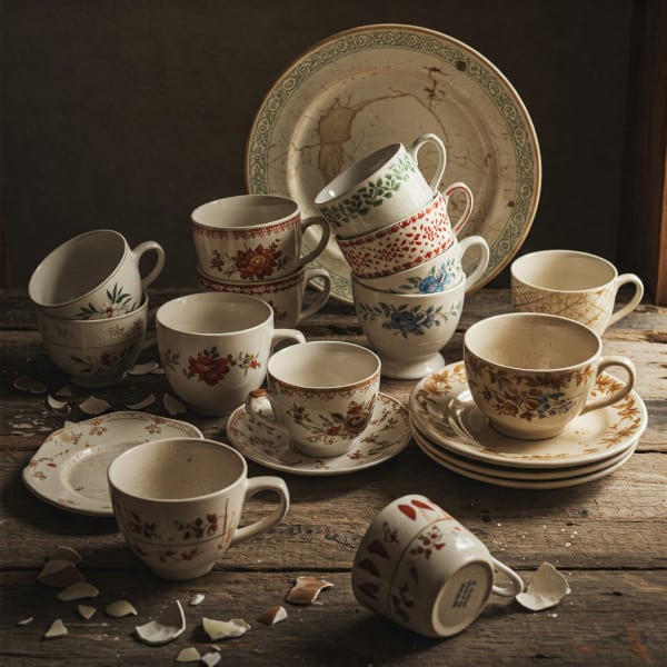mismatched cups, chipped plates